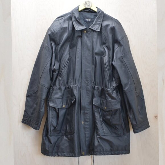 Vintage Duncan Row Mid-Length Black Leather Long Coat Jacket XL